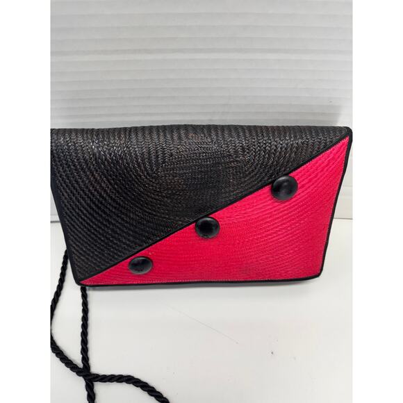 Vintage retro 80s red and black wicker straw shoulder bag - Picture 2 of 8